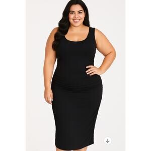 Norma Kamali Black Knit Jersey Stretch Ruched Pull On Midi XXL Dress MSRP $215